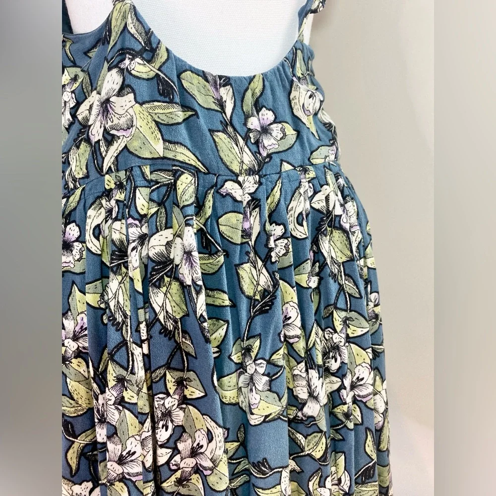 FREE PEOPLE Dear You Blue Green Floral Ruffle Flare Casual Sundress Size Medium